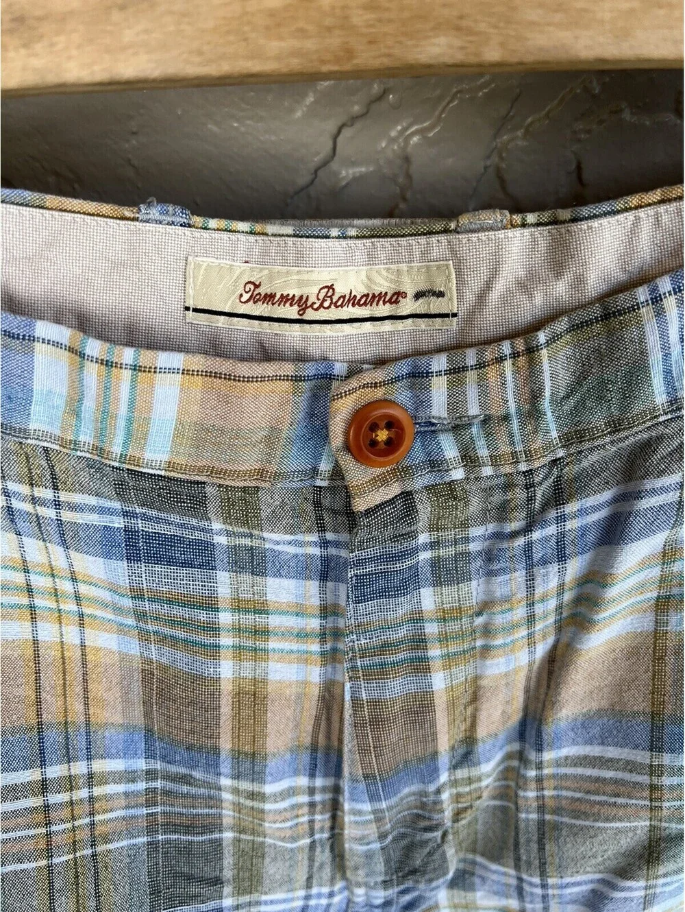 Tommy Bahama Shorts Mens 40 Linen Blend Plaid Casual Outdoor Beach Chino Blue.